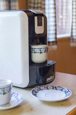a coffee maker sitting on a counter next to a plate at Chalet Zlatica Velika Planina in Stahovica