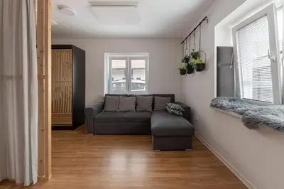 a living room with a couch and a window at Apartments Grahek in Ljubljana