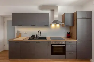 a kitchen with stainless steel appliances and wooden cabinets at Apartments Grahek in Ljubljana