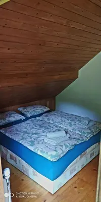 a bed in a room with a wooden ceiling at Holiday House Jezerka in Bohinj