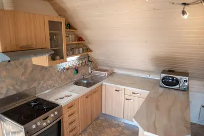 a kitchen with wooden cabinets and a sink and a stove at Apartment Pirnat in Bohinj