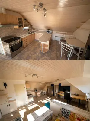 two pictures of a kitchen and a living room at Apartment Pirnat in Bohinj