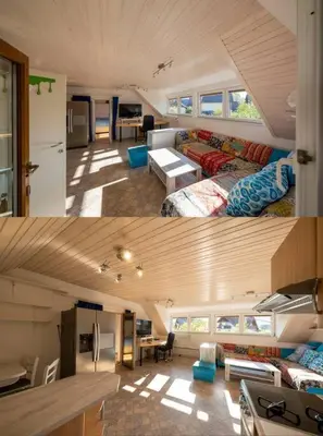 two pictures of a living room and a kitchen in a house at Apartment Pirnat in Bohinj