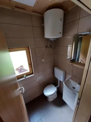 a small bathroom with a toilet and a sink at POČITNIŠKA HIŠKA LASTOVKA in Podvolovljek