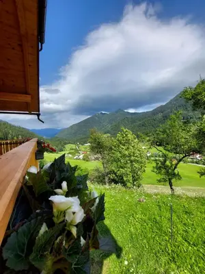 a balcony with a view of the mountains at POČITNIŠKA HIŠKA LASTOVKA in Podvolovljek