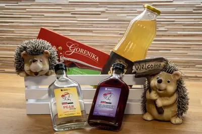 three bottles of alcohol sitting on top of a table at Aparthouse Jana Breg in Žirovnica