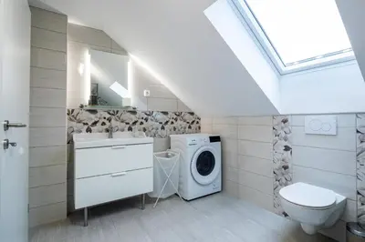 a bathroom with a washing machine and a washer and dryer at Aparthouse Jana Breg in Žirovnica