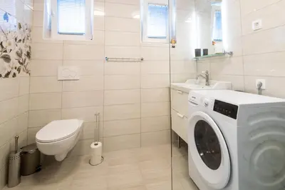 a bathroom with a washing machine and a toilet at Aparthouse Jana Breg in Žirovnica