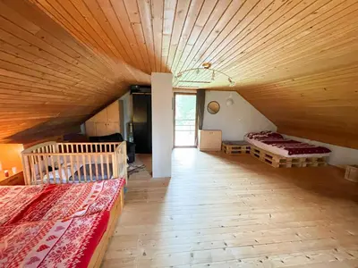 a room with two beds and a wooden ceiling at Cabin in Nature in Nova Vas