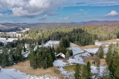 an aerial view of a cabin in a forest at Cabin in Nature in Nova Vas