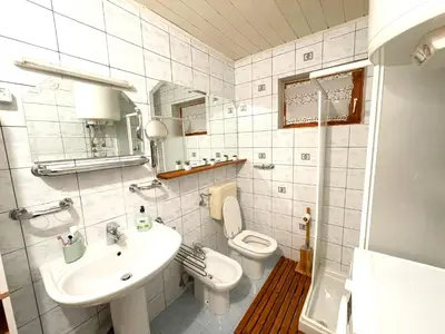 a white bathroom with a sink and a toilet at Cabin in Nature in Nova Vas