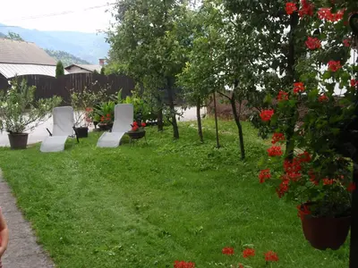 a group of white chairs sitting in a yard with flowers at Apartments Gregorc in Bled