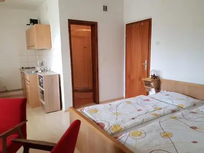 a small room with a bed and a kitchen at Apartments Gregorc in Bled