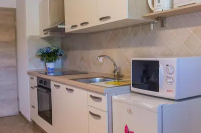 a kitchen with a microwave and a sink at Apartments Olip in Bled