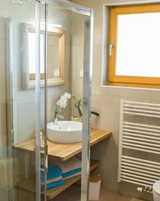 a bathroom with a sink and a glass shower at Apartments Olip in Bled