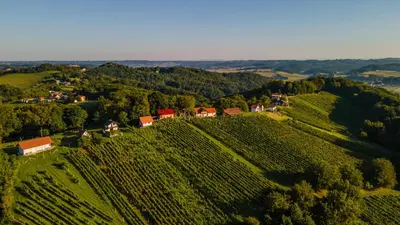 an aerial view of a farm on a hill at Villa VINEYARD in Velika Nedelja