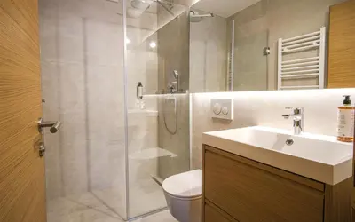 a bathroom with a shower and a toilet and a sink at M16 Apartments in Ljubljana