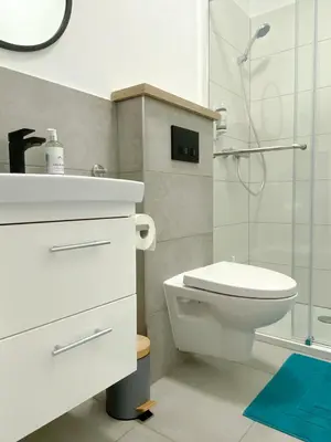 a white bathroom with a toilet and a shower at The View 22 in Cerklje na Gorenjskem