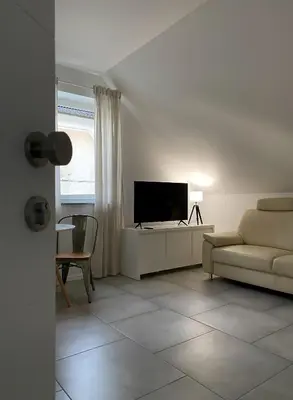 a living room with a couch and a television at The View 22 in Cerklje na Gorenjskem