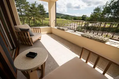 a balcony with a chair and a table and a window at Apartments Kras 24 with Pool in Sežana