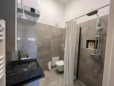 a bathroom with a shower and a sink and a toilet at Ljubljana Studios in Ljubljana