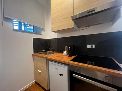 a kitchen with a sink and a counter top at Ljubljana Studios in Ljubljana