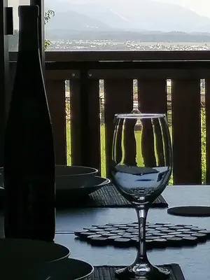 a wine glass sitting on a table on a balcony at Apartments at Klemen in Zgornje Gorje