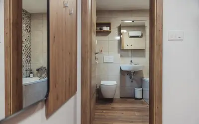 a bathroom with a toilet and a sink at Apartma Hiša na Ravnah with hot tub in Pišece