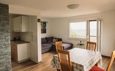 a kitchen and a living room with a table and a couch at Apartma Hiša na Ravnah with hot tub in Pišece