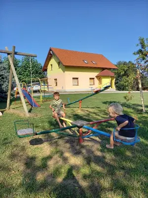 two children playing on a playground in a yard at Hisa jager in Gradišče v Slovenskih Goricah