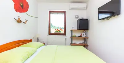 a bedroom with a bed and a flat screen tv at Nature Hotel Lukanc in Bled