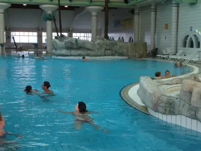 a group of people swimming in a swimming pool at Happy Camp Mobile Homes in Camping Terme Čatež in Čatež ob Savi