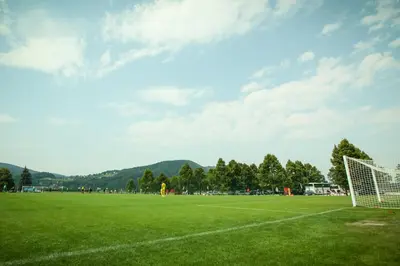 a soccer field with a goal on it at Happy Camp Mobile Homes in Camping Terme Čatež in Čatež ob Savi