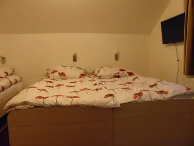 a bedroom with a bed with red flowers on it at Hotel and Restaurant Ana in Hrib-Loški Potok