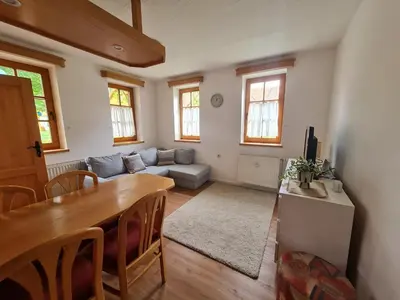 a living room with a table and a couch at Apartment Moravske Toplice in Moravske Toplice