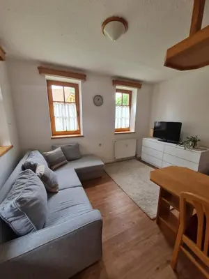 a living room with a couch and a table at Apartment Moravske Toplice in Moravske Toplice