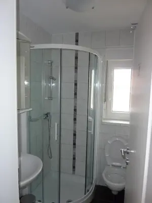 a bathroom with a glass shower and a toilet at Rooms Mira G in Postojna