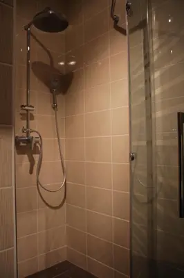 a bathroom with a shower with a shower head at Apartment MT Čezsoča in Bovec