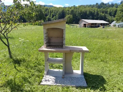 a stone oven sitting in a field of grass at Apartma Markelj in Radovljica
