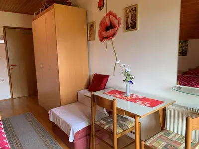 a small room with a table and a vase of flowers at TURIZEM GRABRIJAN, Jasmina Grabrijan s.p. in Adlešiči