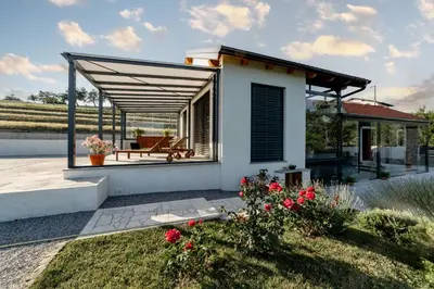 a modern house with a roof over a garden at Sunny Hill in Vremski Britof