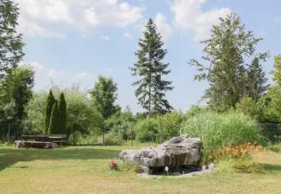 a garden with a large rock in the grass at ABC Apartma Kočevsko in Kočevje
