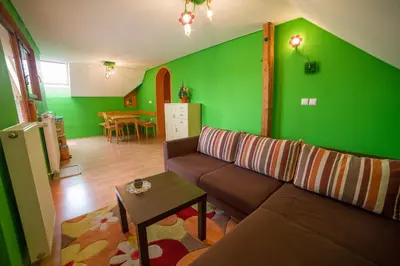 a living room with a couch and a green wall at Naša hiša in Bohinj
