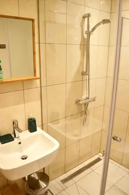 a bathroom with a sink and a shower at Studio in Ljubljana Center in Ljubljana
