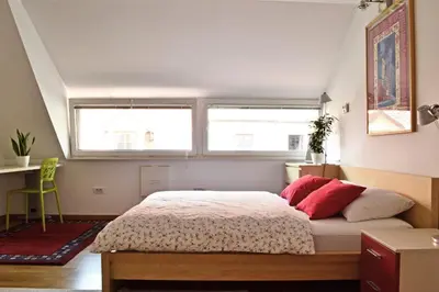 a bedroom with a bed and two windows at Studio in Ljubljana Center in Ljubljana