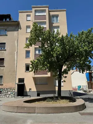 a tree in a circle in front of a building at Bright Apartment in Ljubljana