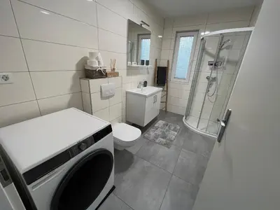 a bathroom with a toilet and a shower and a washing machine at Apartma Rebolj in Moravske Toplice
