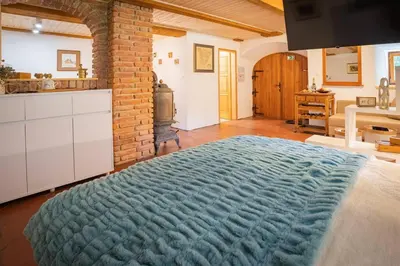 a large blue blanket on a bed in a kitchen at Studio Apartment Pr' Mirotu in Osilnica