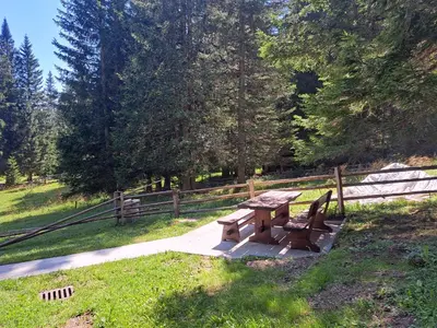 a wooden picnic table and bench in a park at BRINA Pokljuka in Zgornje Gorje
