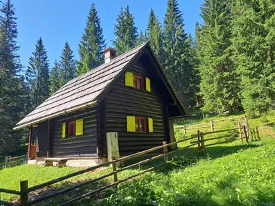 a small wooden house in a field with a fence at BRINA Pokljuka in Zgornje Gorje